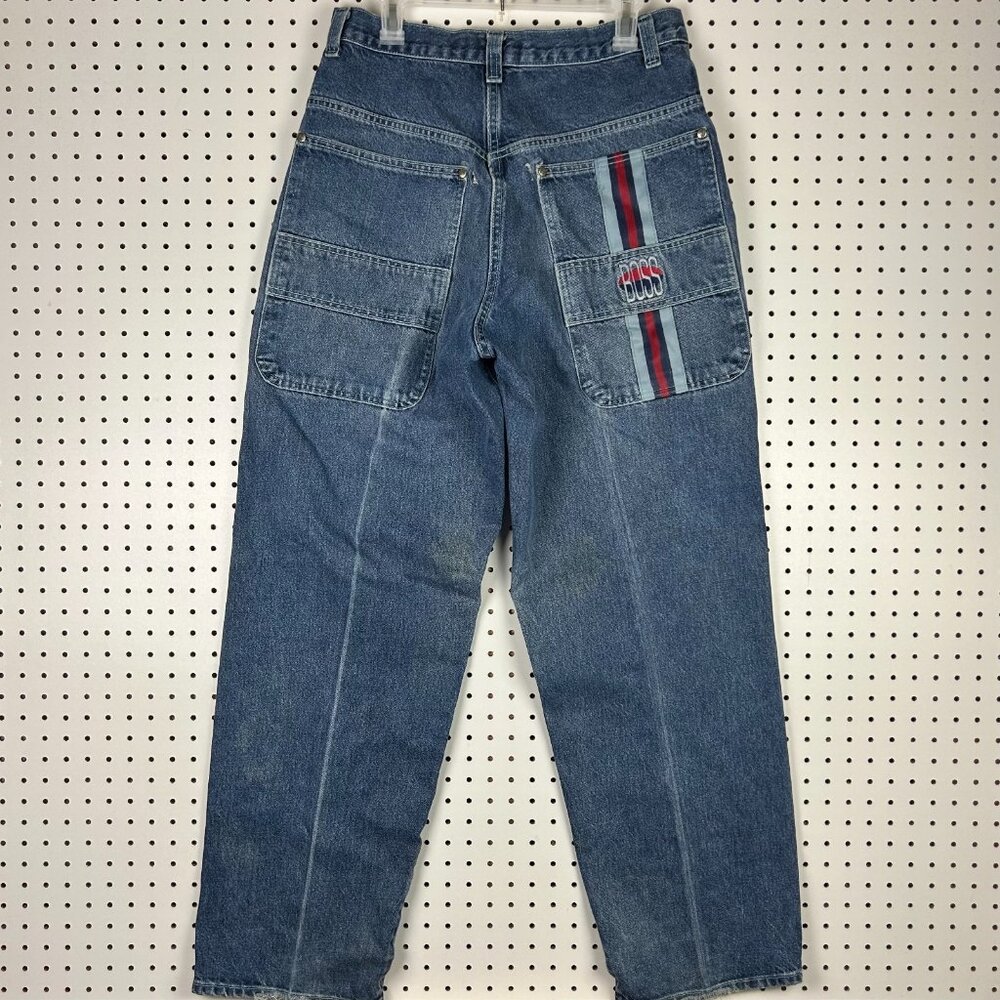 Boss Double Knee Y2K Jeans 32x34 Streetwear Embroidered Distressed Logo Blue 90s
